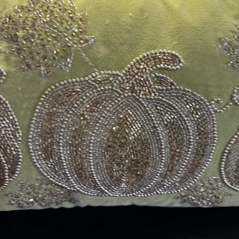 Fall Harvest Beaded Pumpkin Throw‎ Pillow Green With Gold & Silver Beads 14 x 24